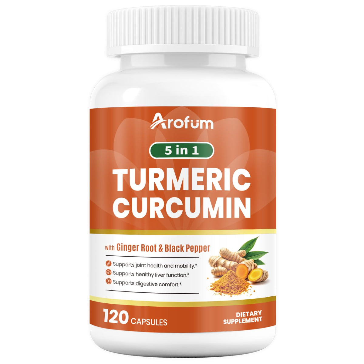 Arofum Turmeric supplement bottle with Ginger and Bioperine