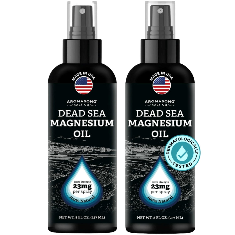 Front view of Aromasong Magnesium Oil Spray bottle showing 8 oz two-pack