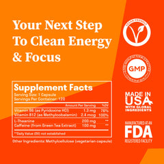 Aromatik vegan capsules label close-up highlighting caffeine and L-Theanine for focus