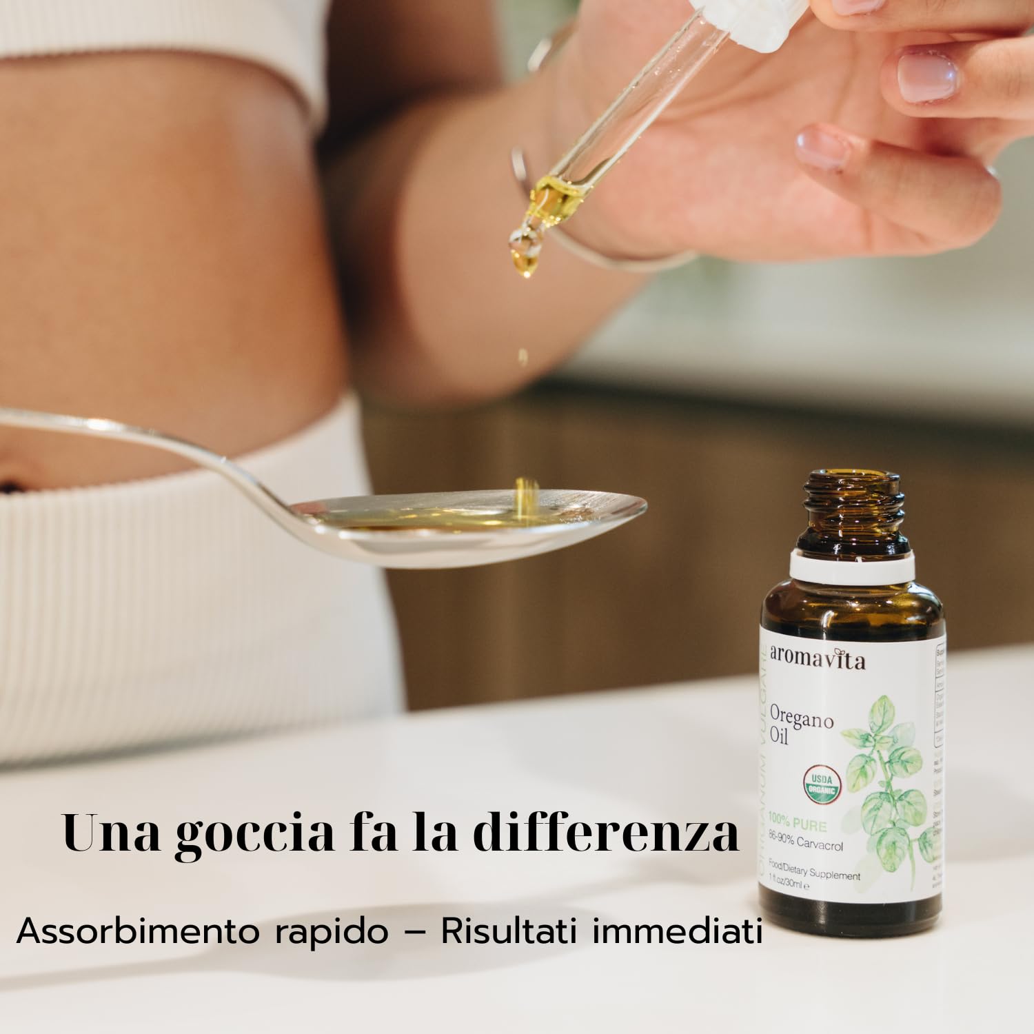 Non-GMO claim on Aromavita Oregano Oil packaging
