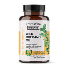 Front view of AROMAVITA Vegan Wild Oregano Oil capsules bottle
