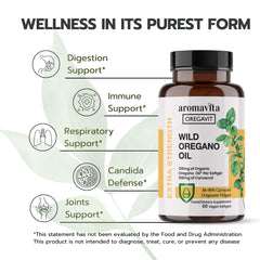 Side view of AROMAVITA oregano oil capsules bottle