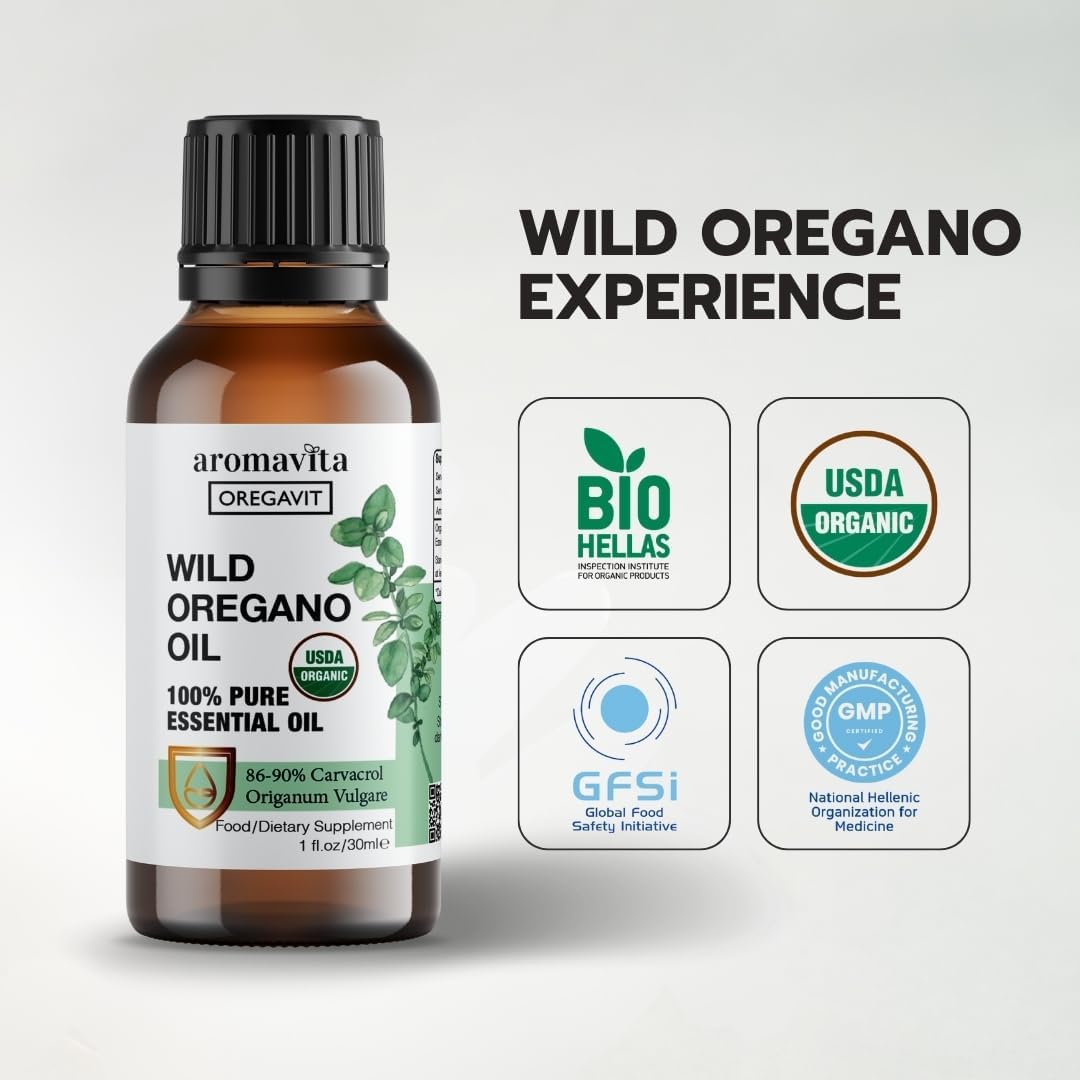 Amber glass bottle of Wild Oregano Oil with label