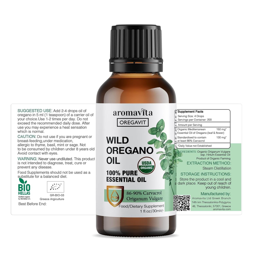 Dimensions and volume: 1 fl oz (30 ml) oregano oil bottle