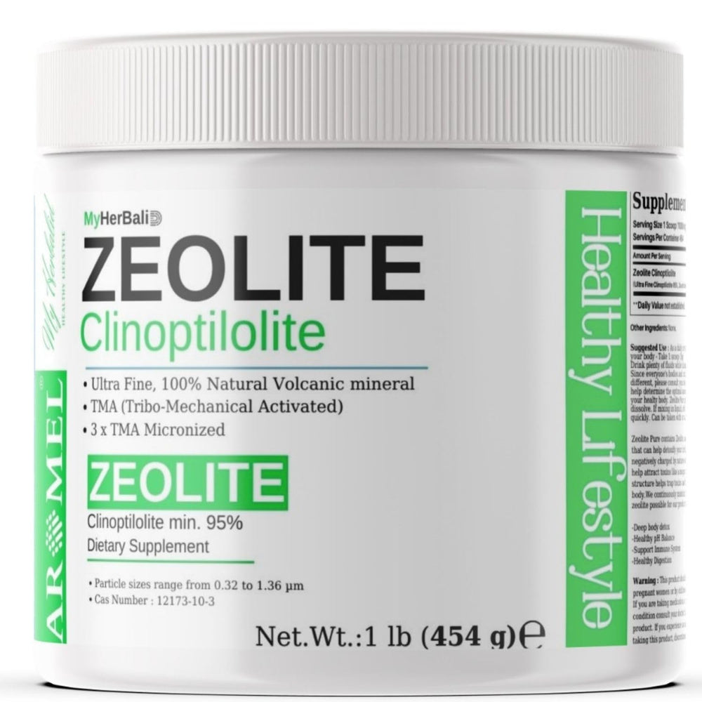 aromel Zeolite Powder bottle on a countertop suggesting gentle detox-like support.