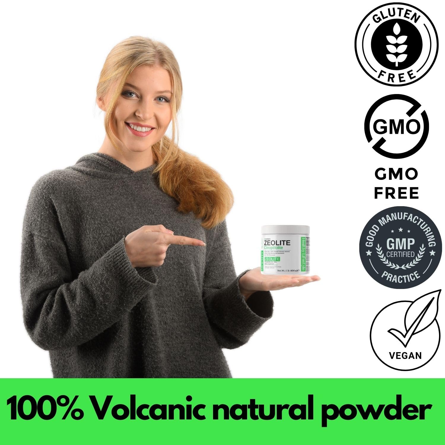 aromel Zeolite Powder jar beside measuring scoop for precise dosing and easy mixing.