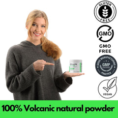 aromel Zeolite Powder jar beside measuring scoop for precise dosing and easy mixing.