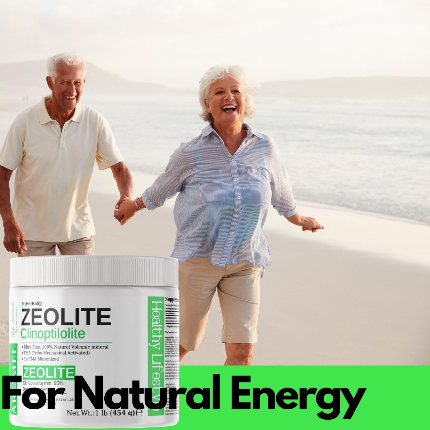 aromel Zeolite Powder green label close-up highlighting ultra-fine less-than-1-µm particles.