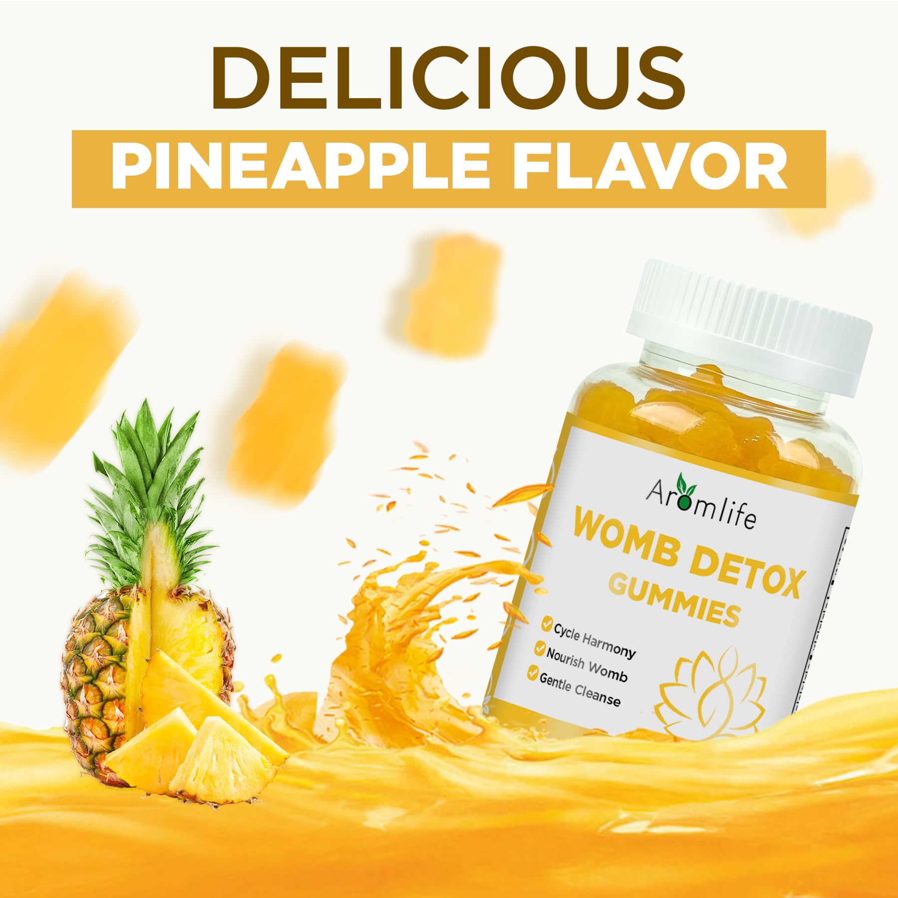 Pineapple-flavored Aromlife Womb Detox Gummies close-up