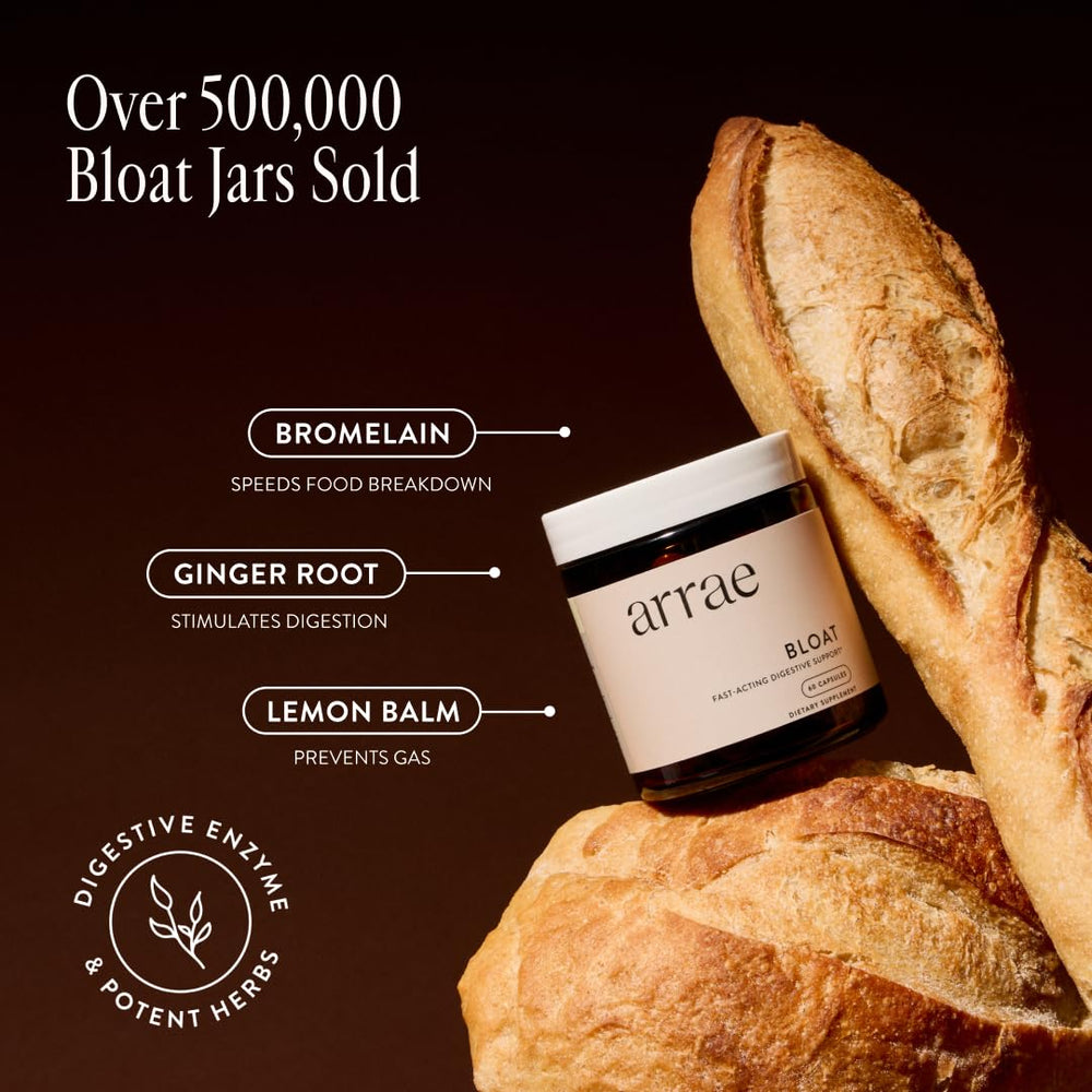 Arrae Bloat ingredients: Bromelain, Ginger Root, Lemon Balm