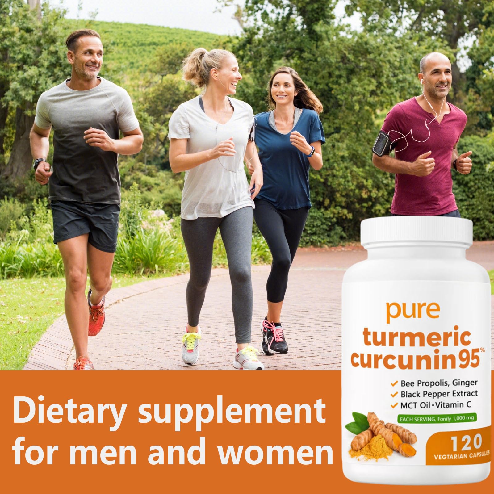Lifestyle shot of turmeric capsule bottle with a glass of water