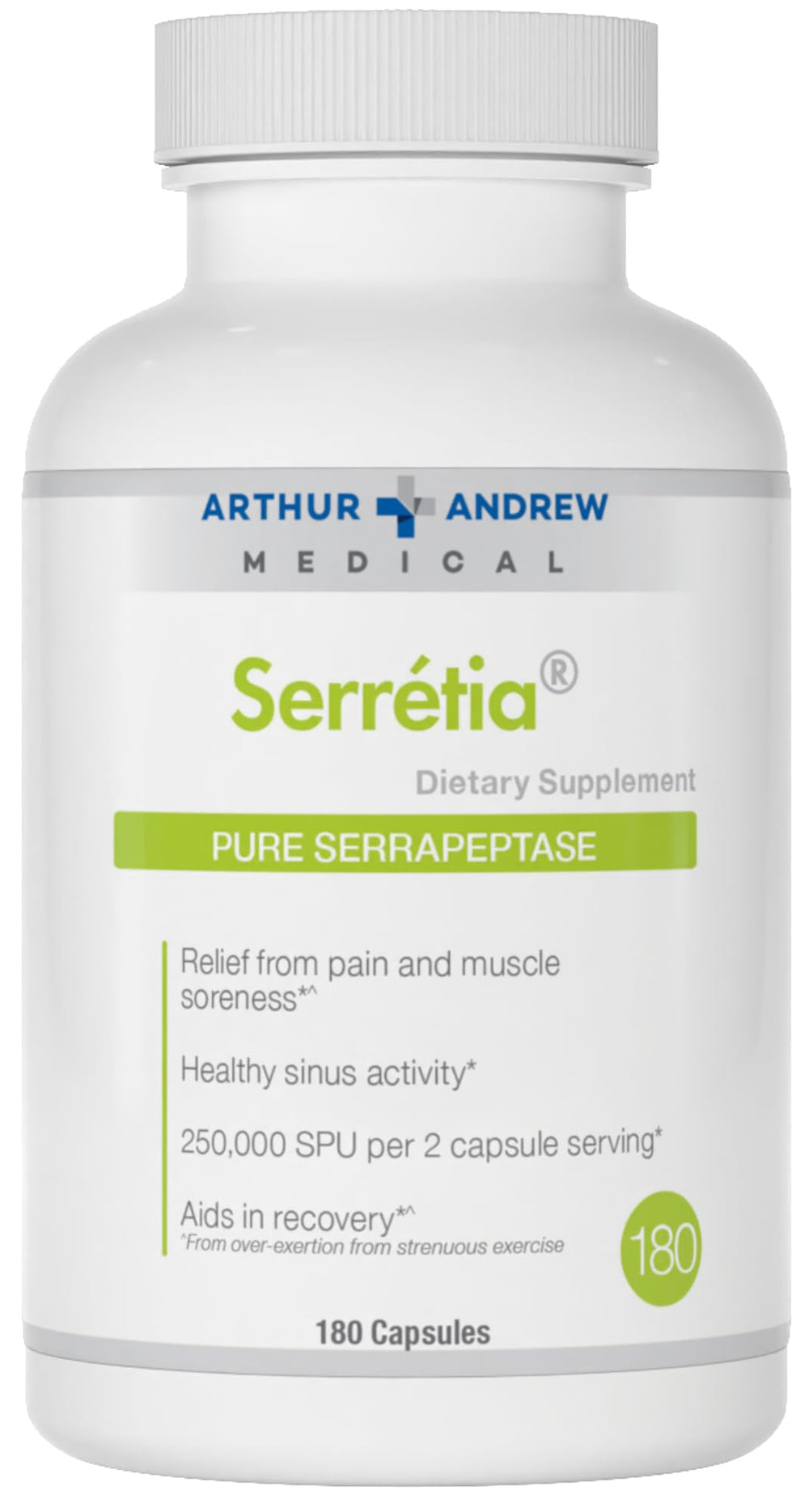 Bottle of Arthur Andrew Serretia Serrapeptase 180 capsules – front view