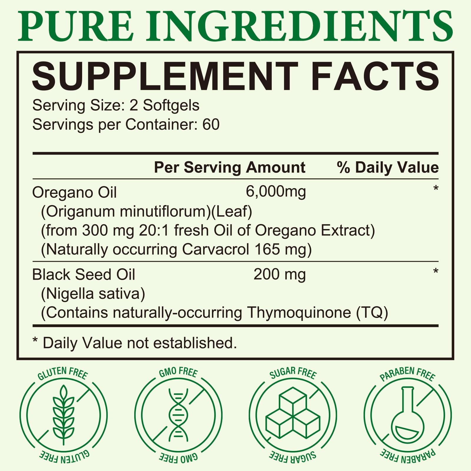 Softgels showing oregano oil with black seed oil 2 in 1 formulation for immune support