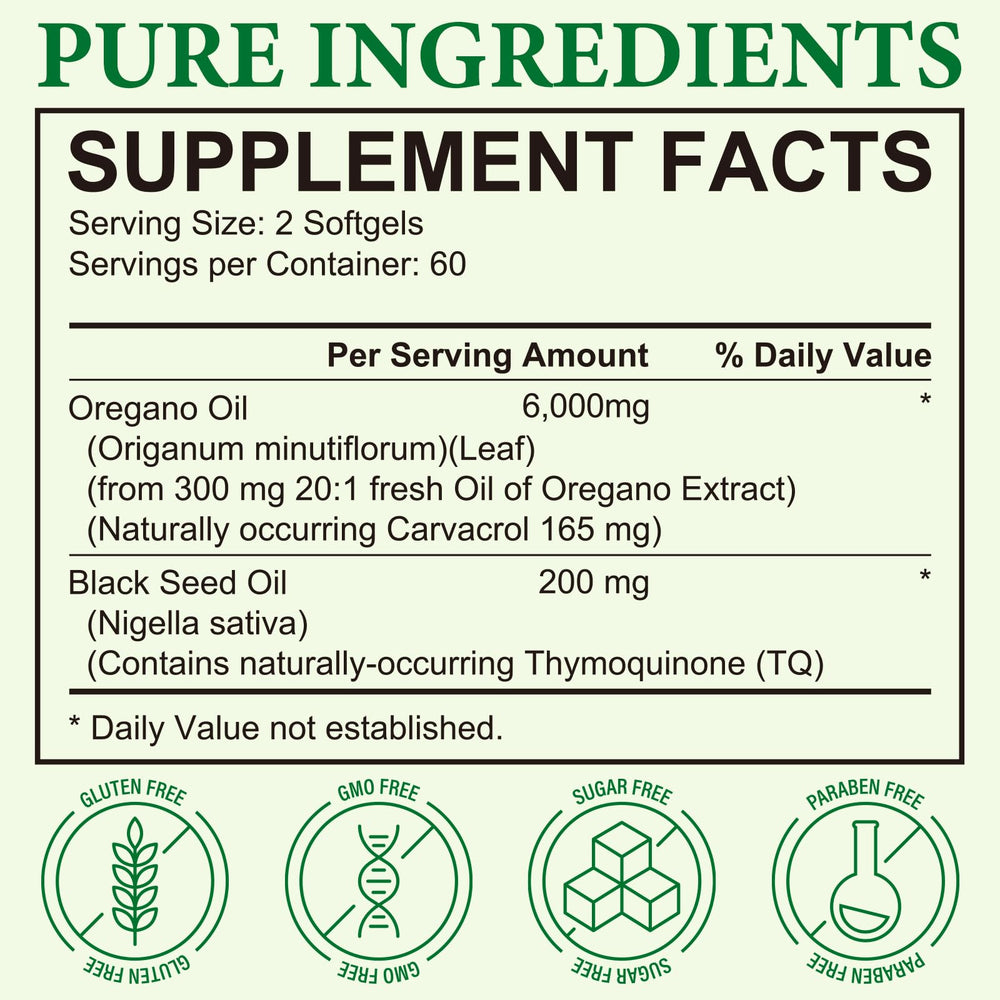 Softgels showing oregano oil with black seed oil 2 in 1 formulation for immune support