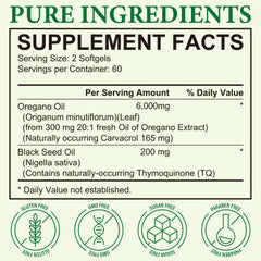 Softgels showing oregano oil with black seed oil 2 in 1 formulation for immune support