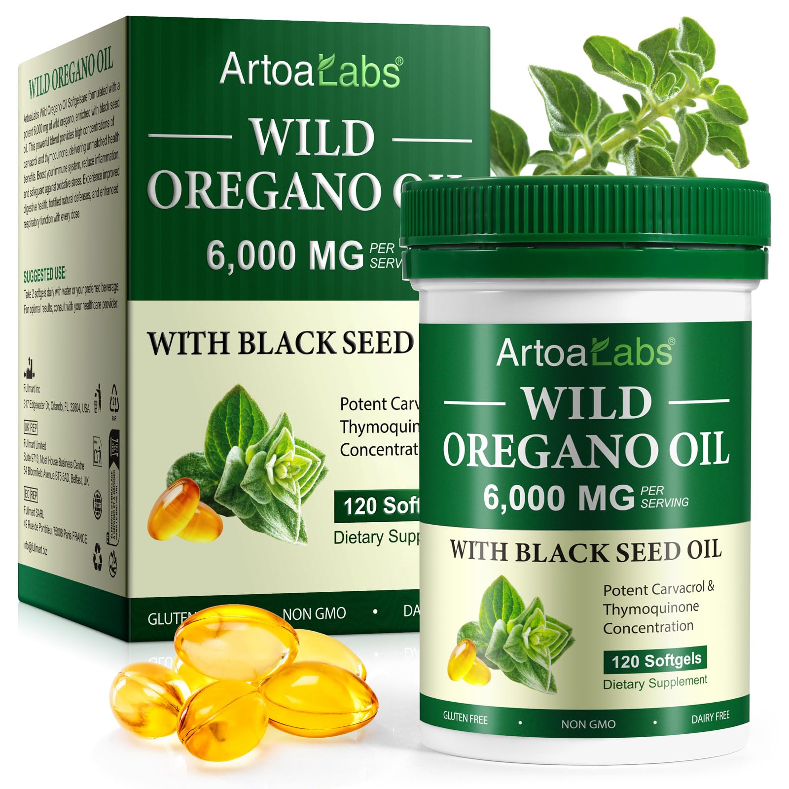 Artoalabs oil of oregano softgels bottle with 120 capsules 6000 mg oregano oil plus 200 mg black seed oil