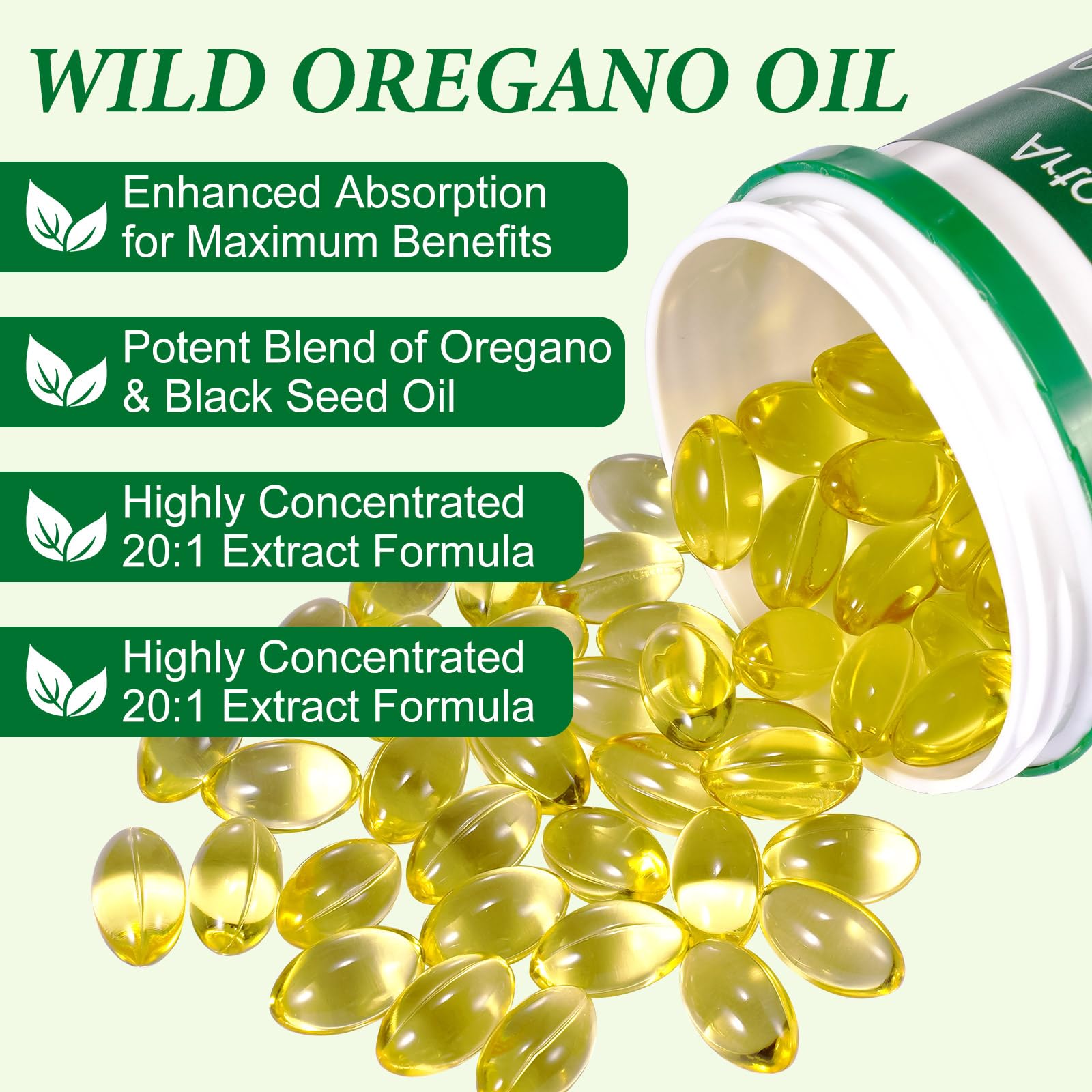 Oregano oil extract 20 to 1 300 mg for easy absorption in softgels