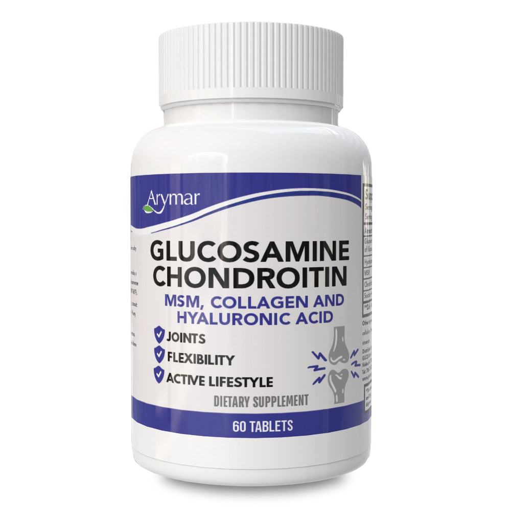 Front view of Arymar bottle – Glucosamine, Chondroitin, MSM, Collagen & Hyaluronic Acid 60 tablets