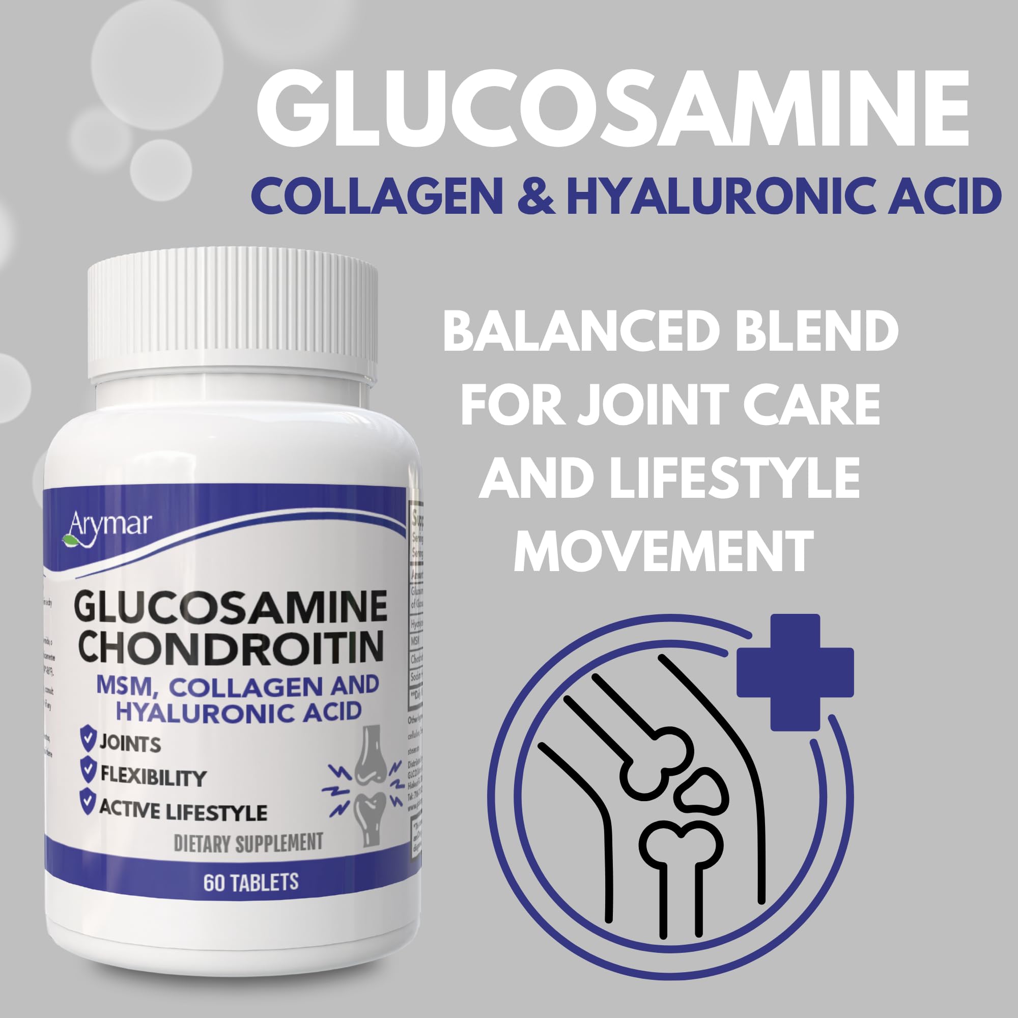 Ingredients label featuring glucosamine, chondroitin, MSM, collagen and hyaluronic acid