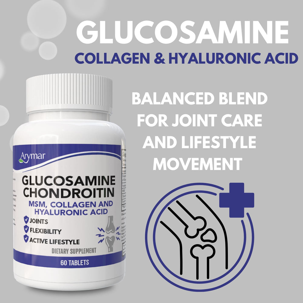 Ingredients label featuring glucosamine, chondroitin, MSM, collagen and hyaluronic acid