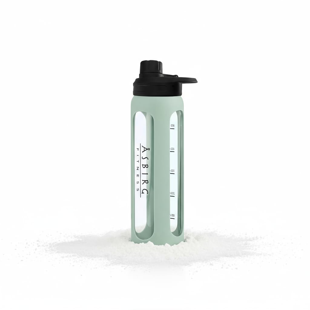 Borosilicate glass bottle with pastel green silicone sleeve for Asbirg 2.0