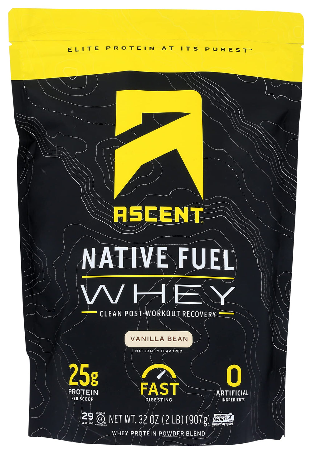 Ascent Native Fuel Vanilla Bean whey protein powder for post-workout recovery and daily nutrition.