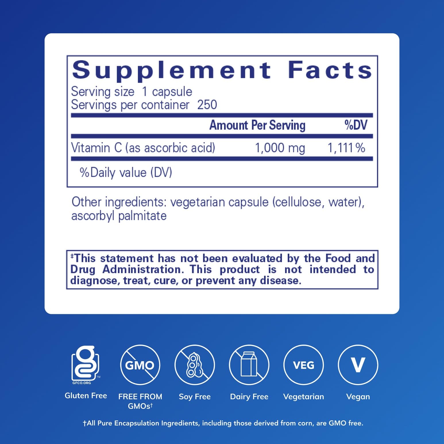 Close-up of ascorbic acid 1,000 mg capsule label showing vegan and non-GMO information