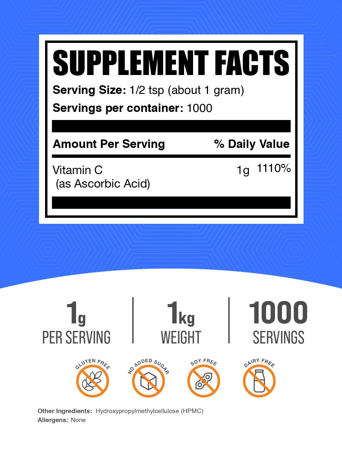 BulkSupplements Ascorbic Acid Powder label on jar