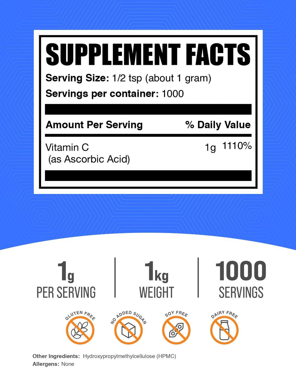 BulkSupplements Ascorbic Acid Powder label on jar