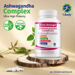 Close-up of 60 Shoden Ashwagandha capsules