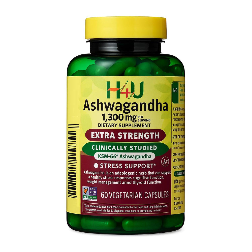 H4U Ashwagandha dietary supplement bottle with 60 vegetarian capsules