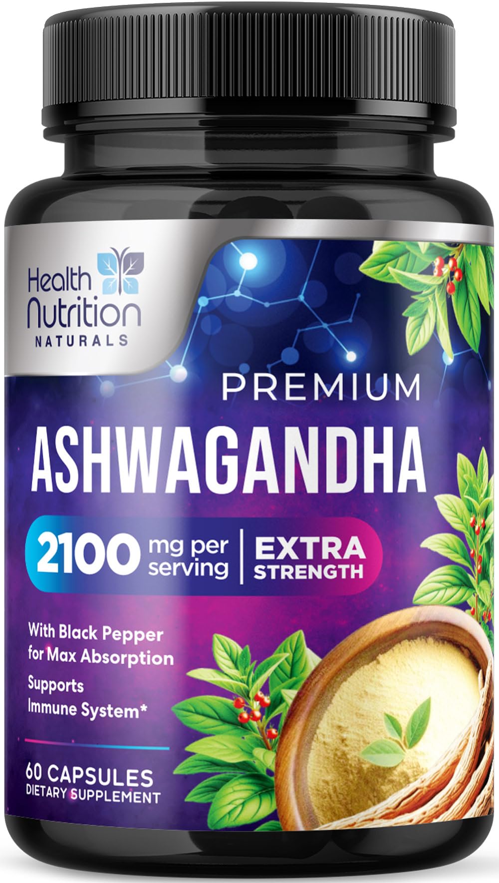 Ashwagandha 2100mg capsules bottle - front view