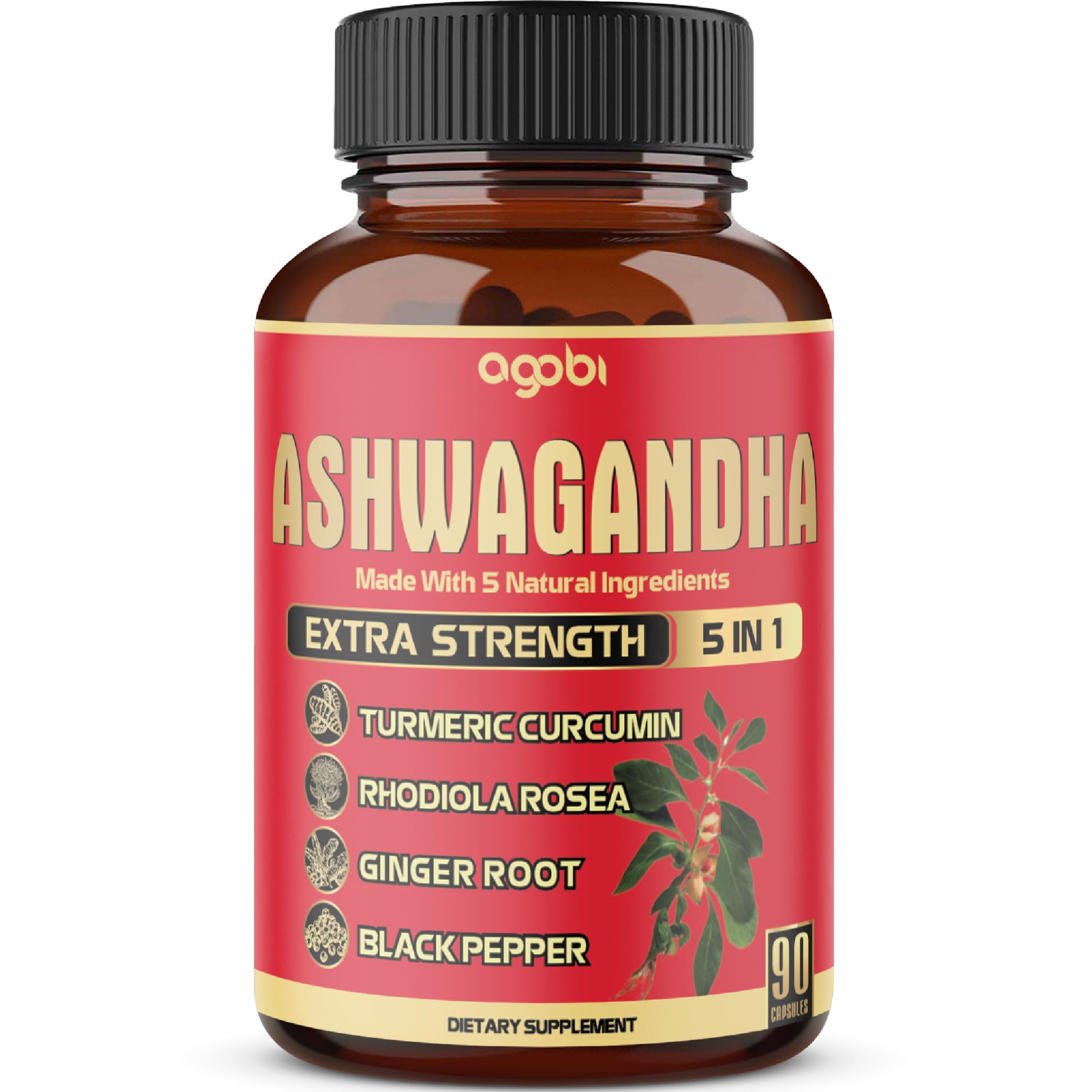 Front view of 90 capsules Ashwagandha supplement bottle