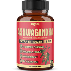 Front view of 90 capsules Ashwagandha supplement bottle