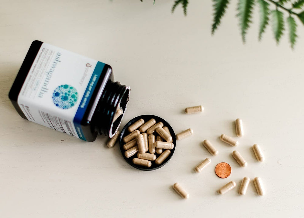 Front and label close-up of Organic KSM-66 Ashwagandha bottle