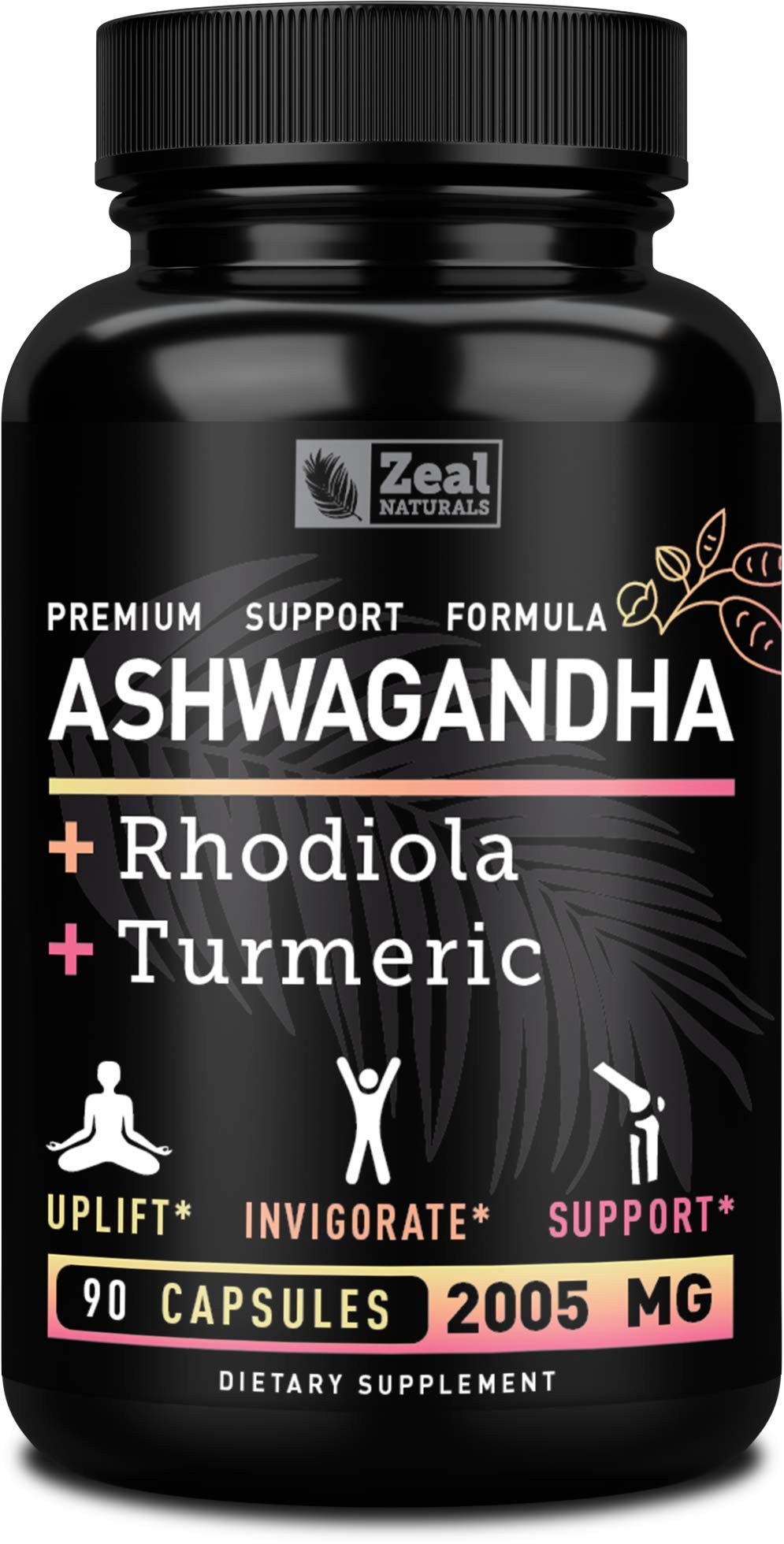 Ashwagandha Complex bottle label showing Organic Ashwagandha, Rhodiola Rosea, and Turmeric ingredients