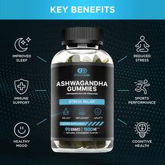 Label showing 1500mg Ashwagandha per gummy and 90 gummies per bottle