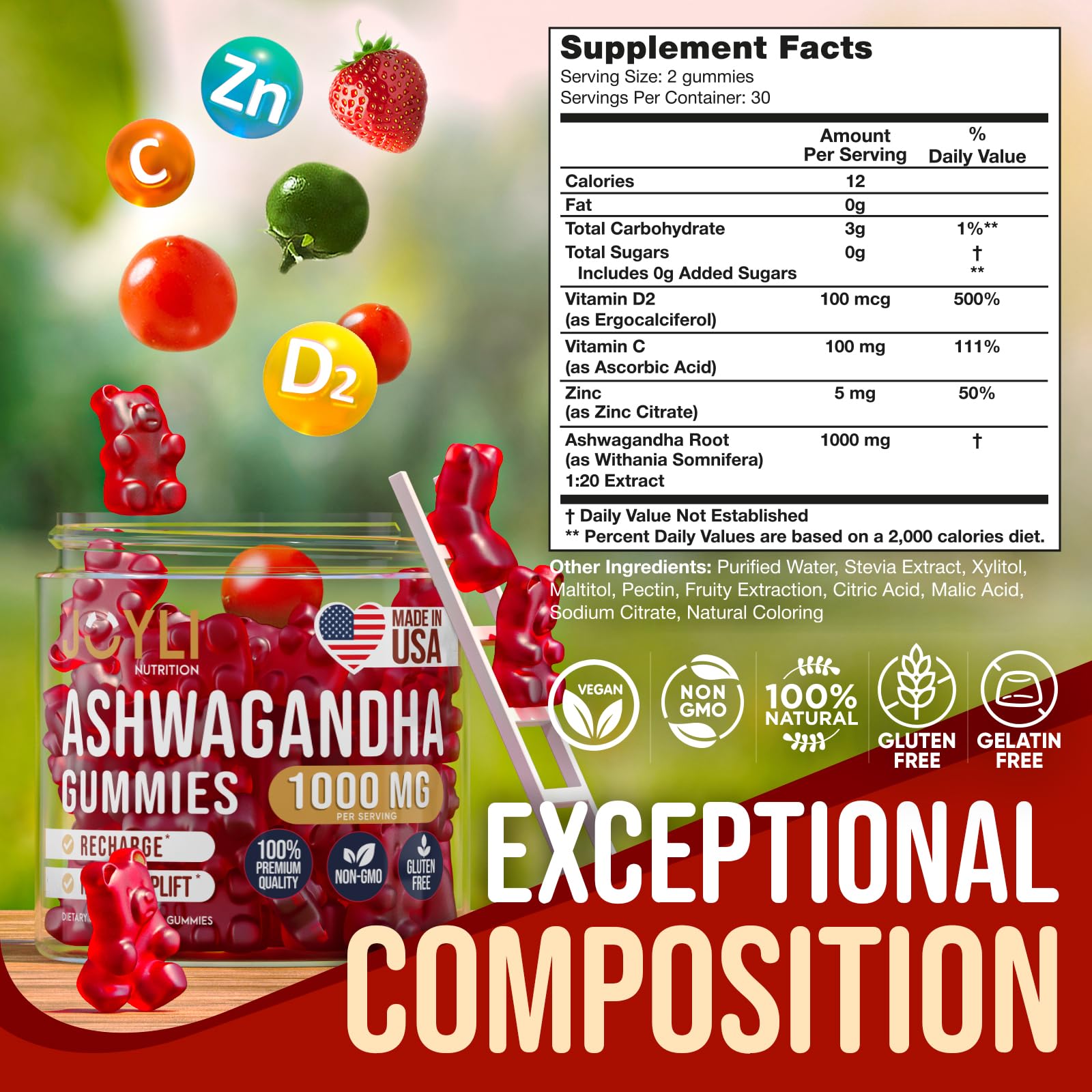 Ingredients: Ashwaganda extract, Vitamin C, Vitamin D2, Zinc