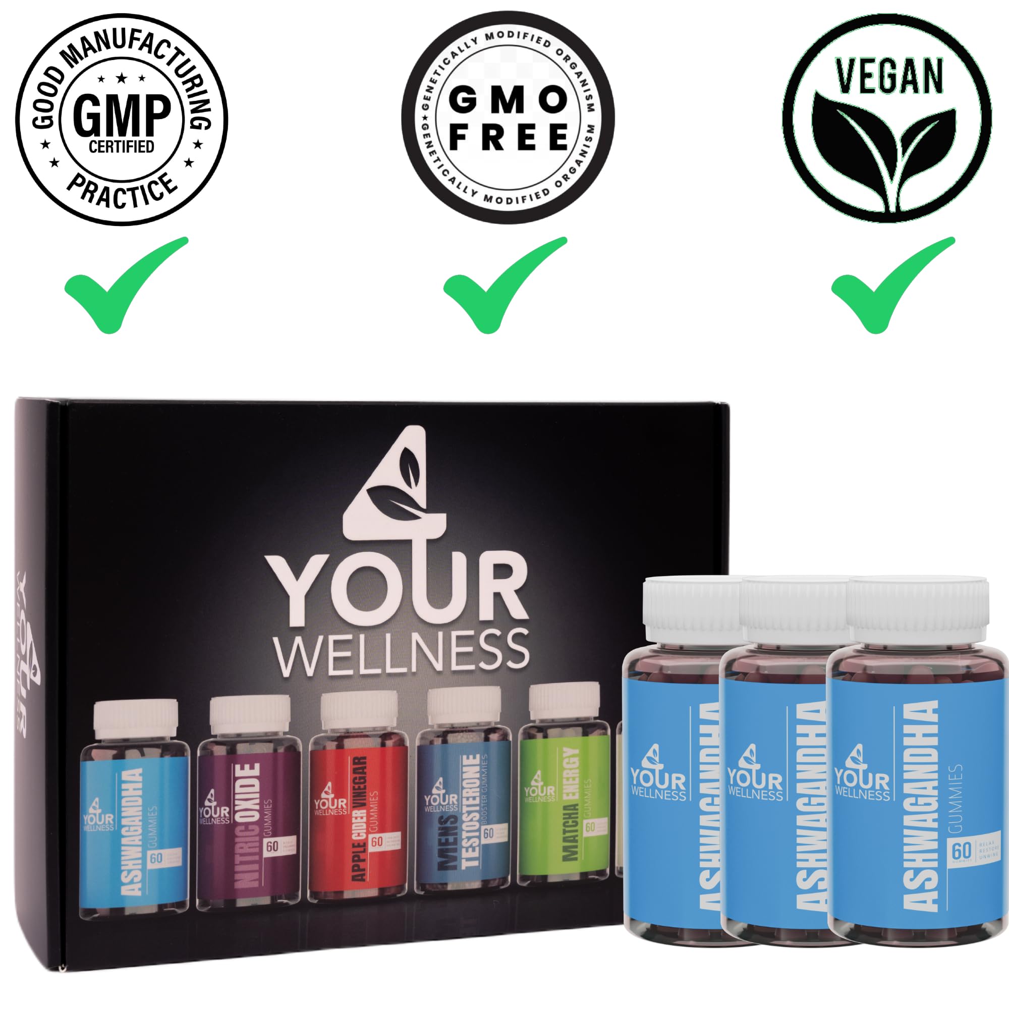 Icons showing vegan, non-GMO, gluten-free, kosher and gelatin-free