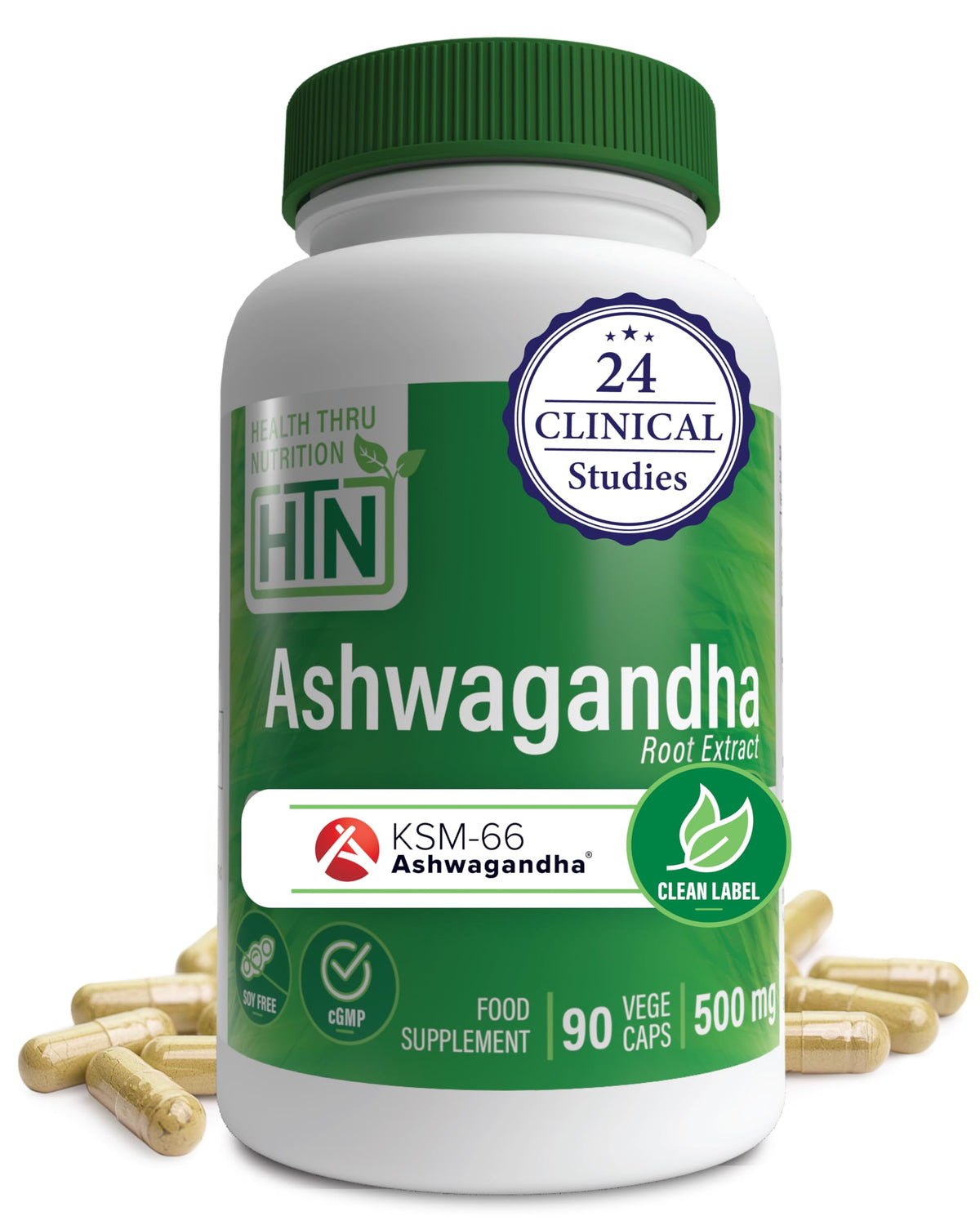 Front view of Health Thru Nutrition Ashwagandha 500mg KSM-66 90 capsules bottle