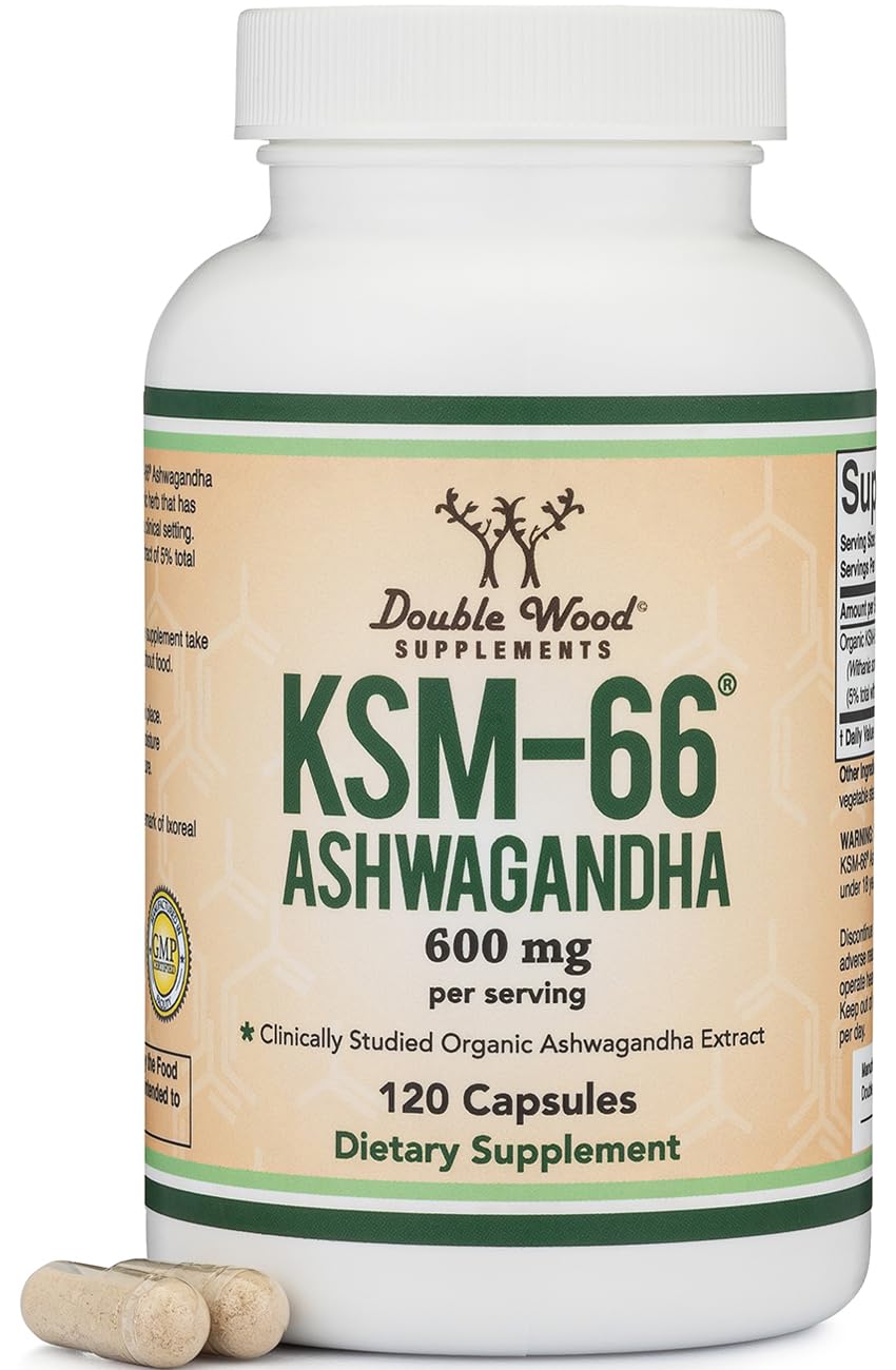 Bottle of Double Wood Ashwagandha KSM 66 600mg 120 capsules (60 servings) – organic