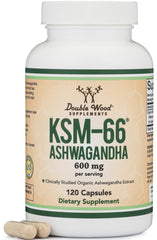 Bottle of Double Wood Ashwagandha KSM 66 600mg 120 capsules (60 servings) – organic