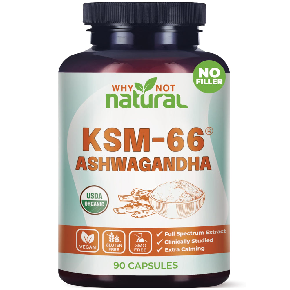 Bottle of Why Not Natural Organic Ashwagandha KSM-66 capsules