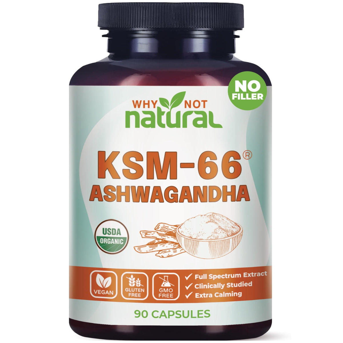 Bottle of Why Not Natural Organic Ashwagandha KSM-66 capsules