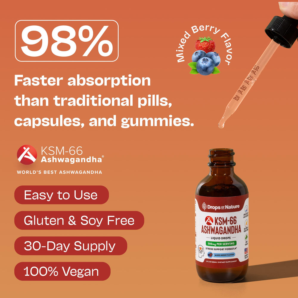 Front label of Ashwagandha KSM 66 Liquid Drops mixed berry