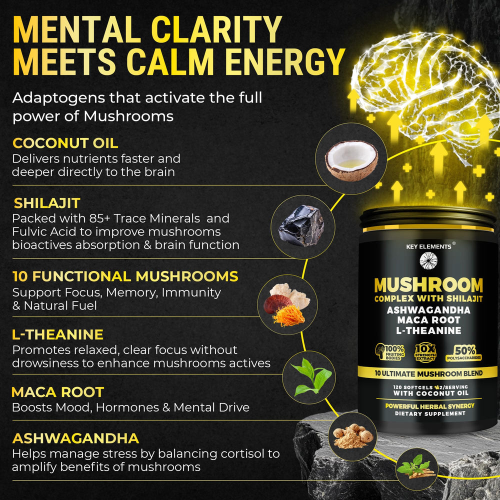Ashwagandha, L-Theanine and Maca adaptogens with mushrooms