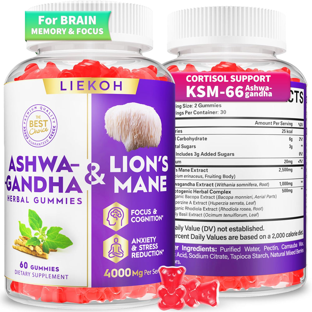 Berry-flavored Ashwagandha and Lion’s Mane gummies bottle