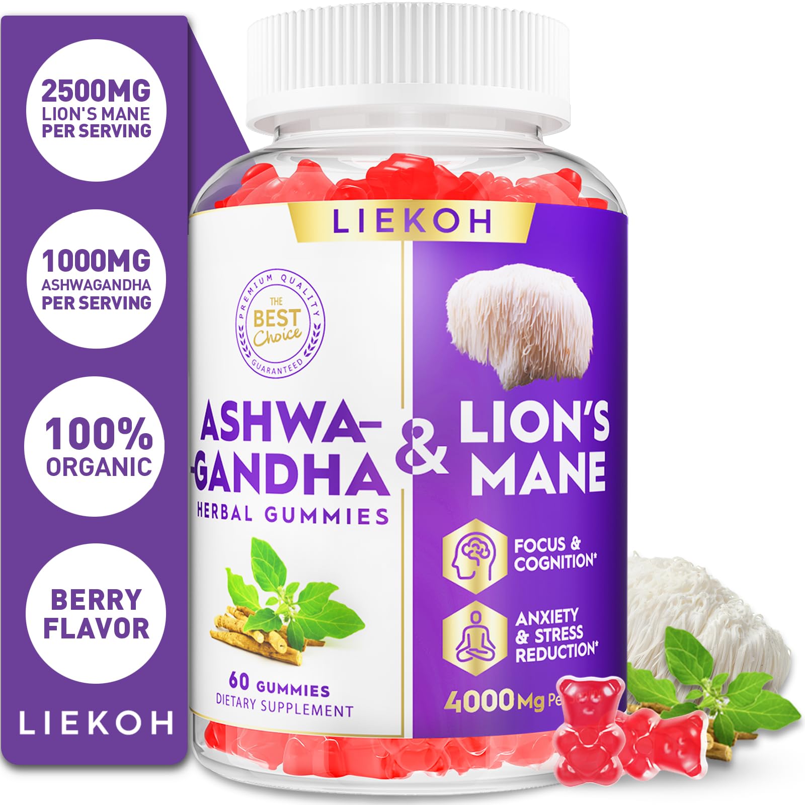 Box and bottle display of Ashwagandha & Lion’s Mane gummies