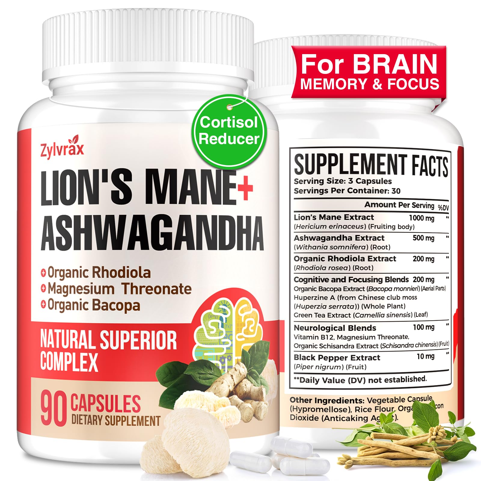 Capsules of Ashwagandha and Lion's Mane with bottle front view