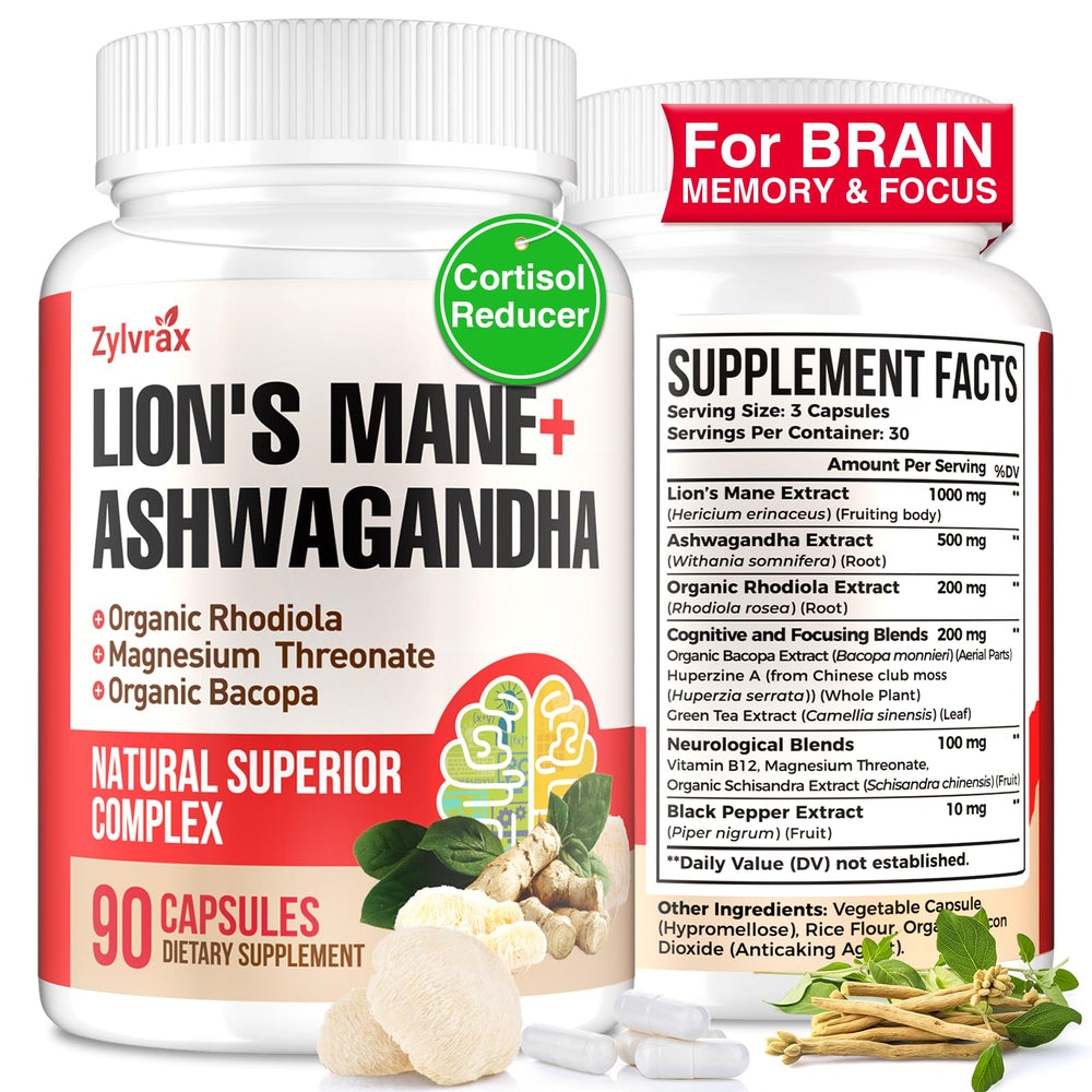 Capsules of Ashwagandha and Lion's Mane with bottle front view